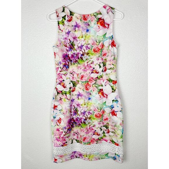 Joseph Ribkoff Floral Pink Dress Sleeveless Knee Length Sheath Eyelet 8 Medium - Picture 2 of 11